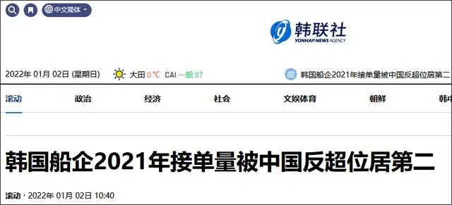 2021年中国船企接单量，位居全球第一